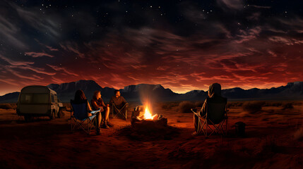 A poster for a mountain scene with people sitting around a campfire,,
sky desert night campfire
