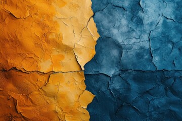 An abstract background with a stark contrast between warm orange and cool blue, featuring a cracked texture that's perfect for a bold design element..