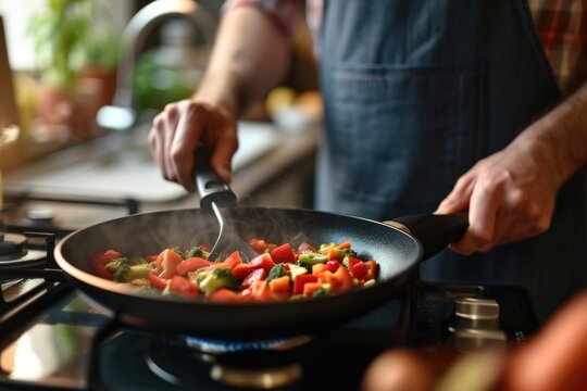 Man cooking vegetables on a frying pan on electric stove