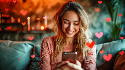 Happy girl gets a valentine via cell phone. The room is filled with glowing hearts. - obrazy, fototapety, plakaty