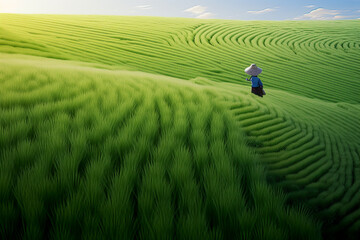 A farmer in a large rice field