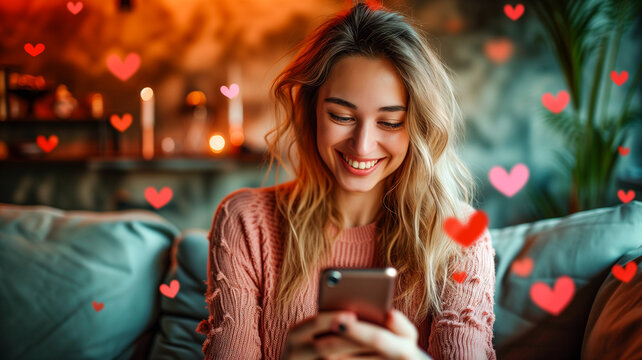 Happy girl gets a valentine via cell phone. The room is filled with glowing hearts.