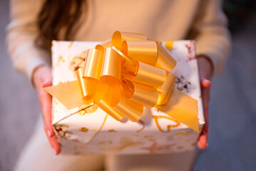An elegant and wrapped gift with a bow in female hands