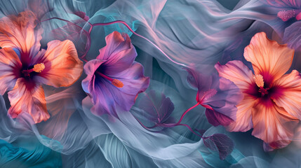 Blue Background with Colorful Flowers, Flowing Fabrics, Magenta and Gray, Enigmatic Tropics, Nature-Inspired Pieces