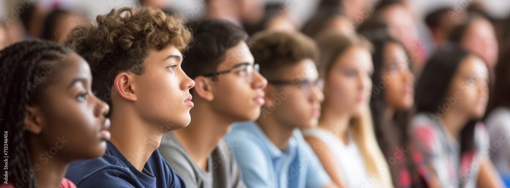Poster diverse group of people sitting together in a university setting generative ai