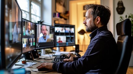 seamless remote work where diverse people connect through screens to hold virtual meetings and participate in video calls