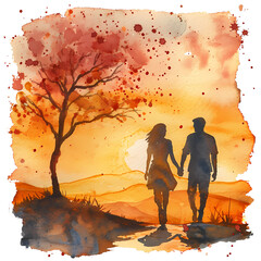 silhouette of couple walking hand in hand 