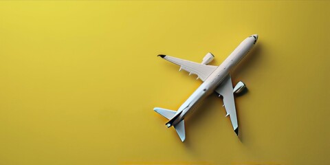 Model of a passenger plane on a yellow background. 3d rendering, travel transport concept
