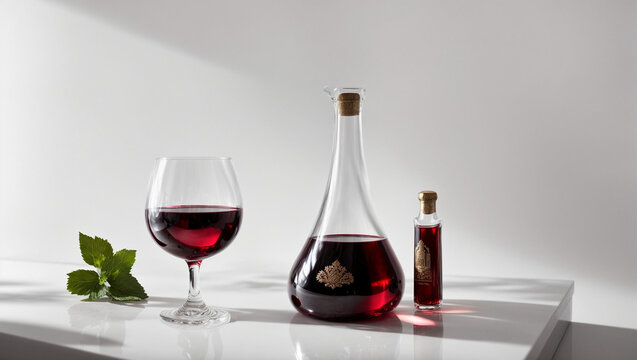 A luxurious bottle of dark red wine, with a crystal clear glass on a clean white background. generative AI