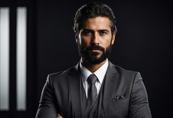 Fototapeta premium portrait of a man isolated on black, serious man looking to the camera, man with beard, handsome business man in suit