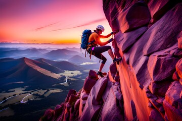 climber on the top of mountain, Generative AI - obrazy, fototapety, plakaty
