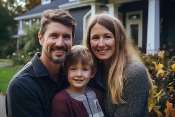 Portrait of a young family in front of their house