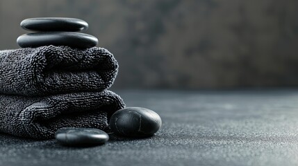 Composition of dark terry towels and black smooth massage stones. An atmosphere of calm and relaxation. Aromatherapy. Spa center or resort. Space for text. - obrazy, fototapety, plakaty