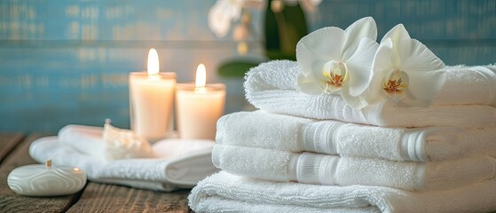 Towel with scented candles and orchid flowers. Aromatherapy and beauty. Conceptual set of harmony, massage, balance and meditation, spa, relaxation, beauty spa treatments.