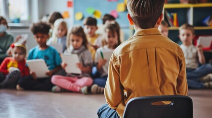 Young Boy Sitting in Front of Group of Children at Elementary School Generative AI - obrazy, fototapety, plakaty