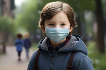 A cute little child in protective mask, in corona pandemic situation or viral spreading situation due to influenza.