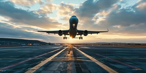 Commercial airliner passenger plane fly down over landing at sunset, travel transport concept - obrazy, fototapety, plakaty