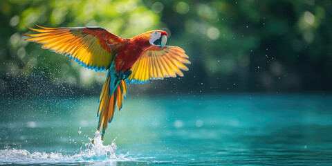 flying parrot in water