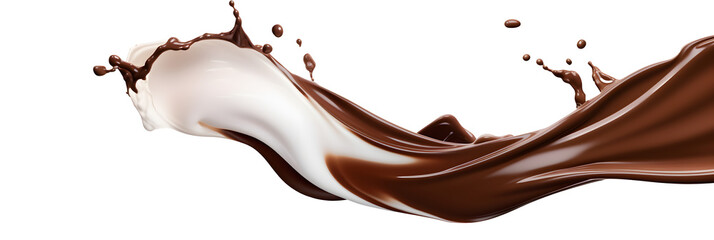 Splash of chocolate and white milk flow mixed. transparent background - obrazy, fototapety, plakaty