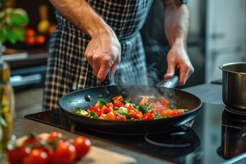Man cooking vegetables on a frying pan on electric stove - obrazy, fototapety, plakaty