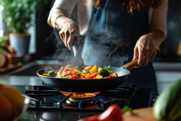 Woman cooking vegetables on a frying pan on electric stove