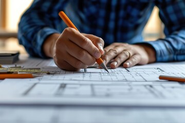 Architect reviewing blueprints with pencil and ruler on desk