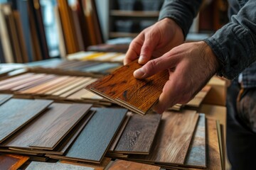 Man selecting laminate wood samples in a hardware store