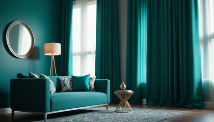 Soft gray walls with a vibrant teal accent wall bold geometric patterned curtains and sleek metal furniture style