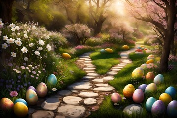 A charming garden pathway lined with Easter eggs and blooming flowers, creating a picturesque and inviting setting.