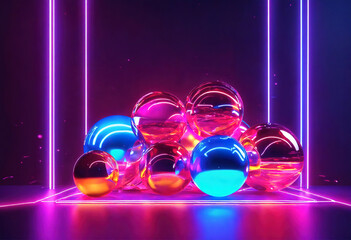 abstract neon background with glass balls and laser rays, glowing infrared light