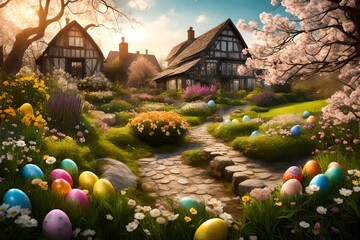 A picturesque scene of a country garden filled with Easter eggs and blooming flowers, radiating charm and tranquility.