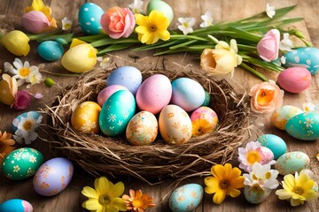 Fototapeta na wymiar Vibrant Easter eggs arranged in a nest with soft pastel-colored flowers, creating a cheerful and festive background.