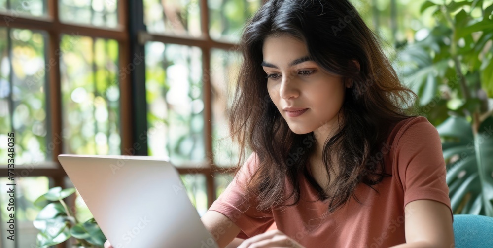 Poster woman sitting at table using laptop computer in online learning generative ai
