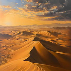 Fototapeta na wymiar Golden sunset over an endless landscape of sand dunes, with long shadows