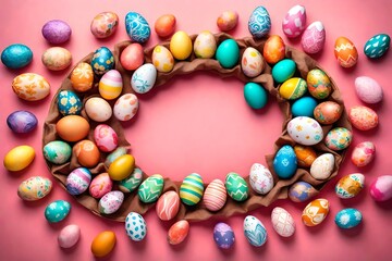 Vibrant Easter eggs arranged in a circular pattern on a soft rose background, with a paper bag placed beside them.