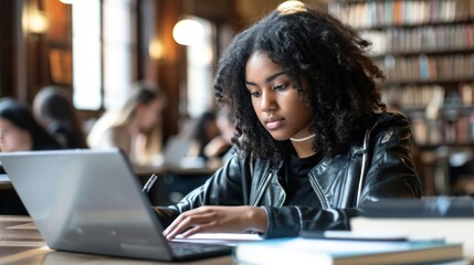 Woman at Table Using Laptop for Online E-Learning Education Generative AI