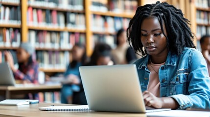 Woman Working on Laptop for Online E-Learning in Educational Setting Generative AI