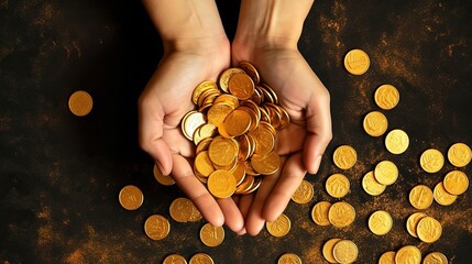Hands hold gold coins, a symbol of abundance and wealth