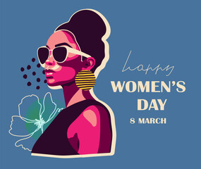 International Women's Day , March 8th.Banner with beautiful girl in sunglasses and different shapes on blue background. Vector illustration.