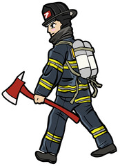 Cartoon Firefighter in Gear with Axe Walking