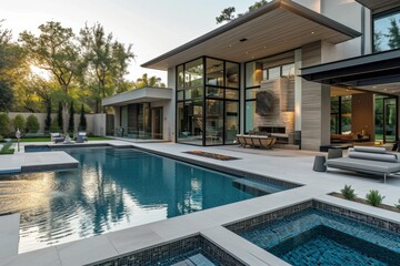 Contemporary suburban home exterior with a geometric pool design, minimalist landscaping, and large patio spaces for outdoor living
