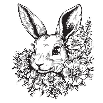 Rabbits sitting in flowers sketch hand drawn in doodle style illustration