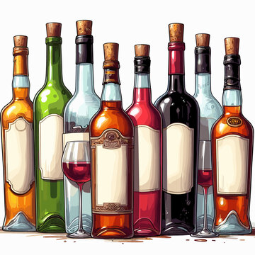 various colored bottles for spirits, wine, vodka, gin, cognac, lemonade.
