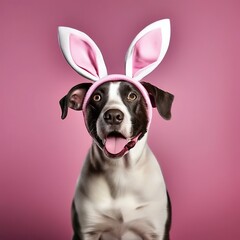 Easter dog with bunny ears and on a pink background.