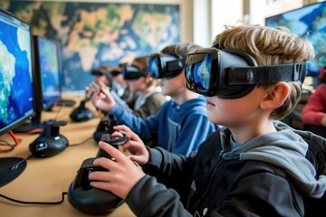 Student in classroom wearing VR technology 