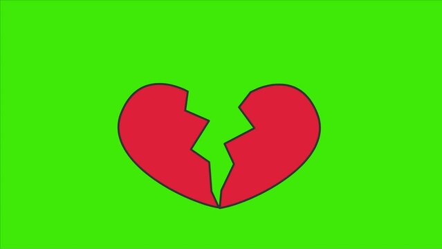 Break heart animation on green screen. Chroma key color.
