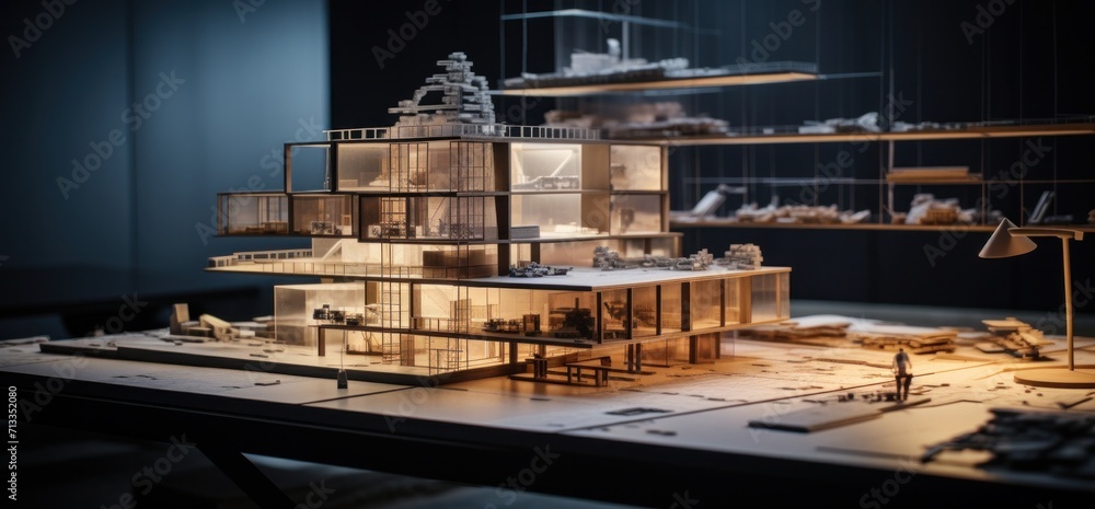 Poster architectural model of a building on a large construction table