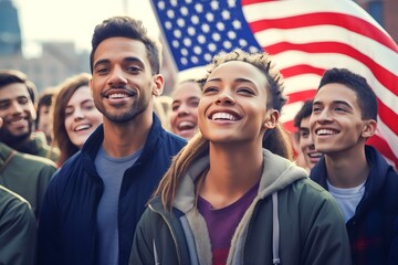 Young diverse people with American flag talking political rally - obrazy, fototapety, plakaty