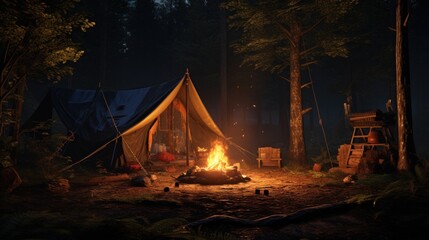 a glowing tent is set up in the woods at night with an iron ring