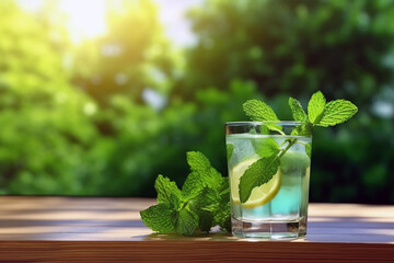 On a wooden table, glass with Mojito, Fresh mint, and lemon, Unusual soft background. Cuba. Alcoholic drinks.